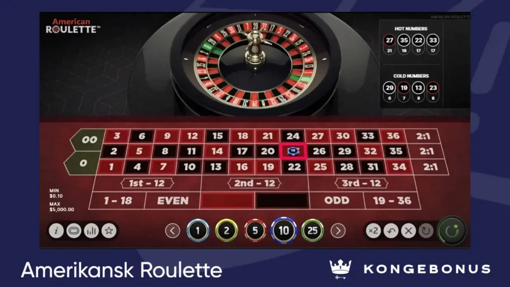 skjermbilde av amerikansk roulette bord, med både 0 og 00 på venstre side