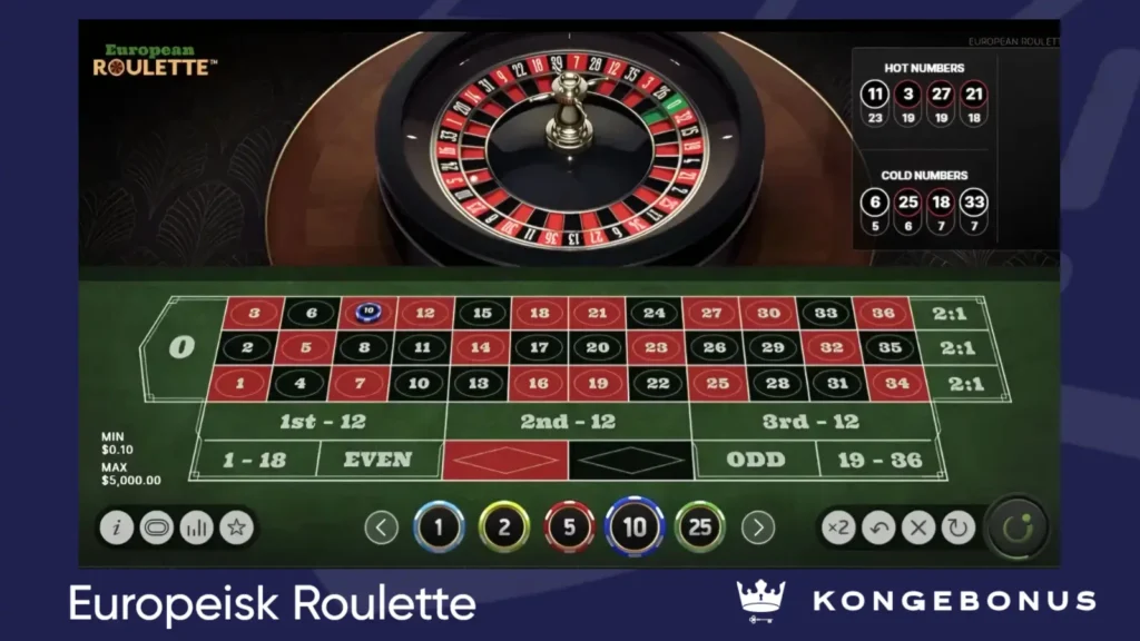 skjermbilde av europeisk roulette bord, med tydelig 0 på venstre side