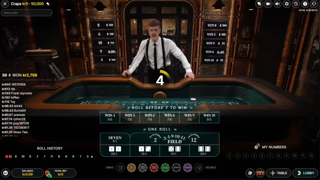 Skjermbilde av Evolution Live Craps på nettcasino med dealer, crapsbord og digitale innsatsfelt.