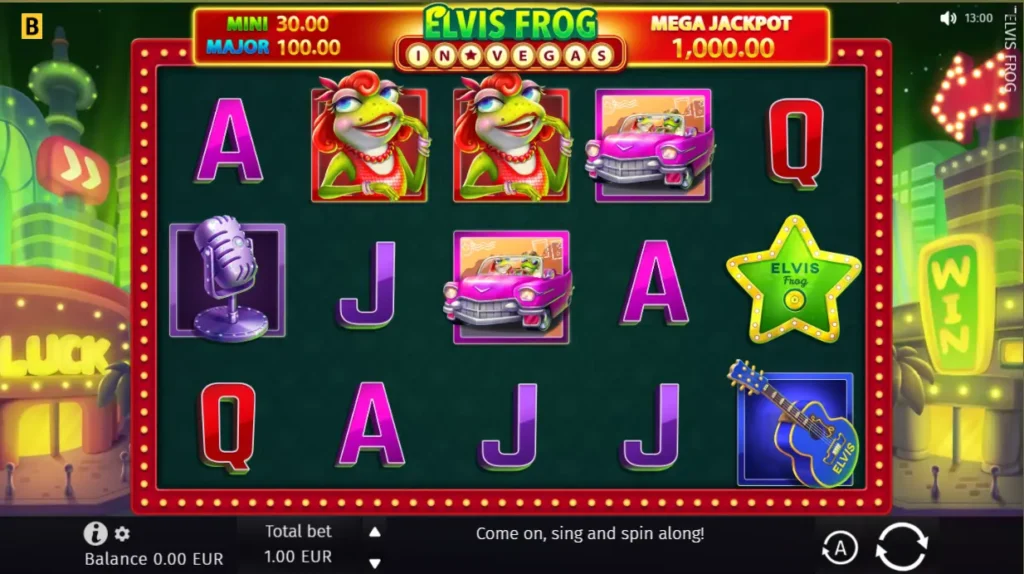 Skjermbilde av spilleautomaten Elvis Frog in Vegas fra BGaming.