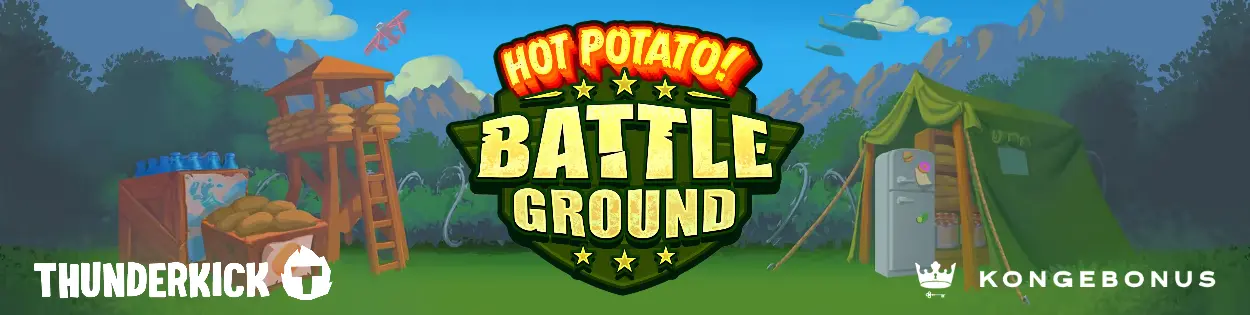 banner for spilleautomat anmeldelse hot potato battleground med thunderkick og kongebonus logo