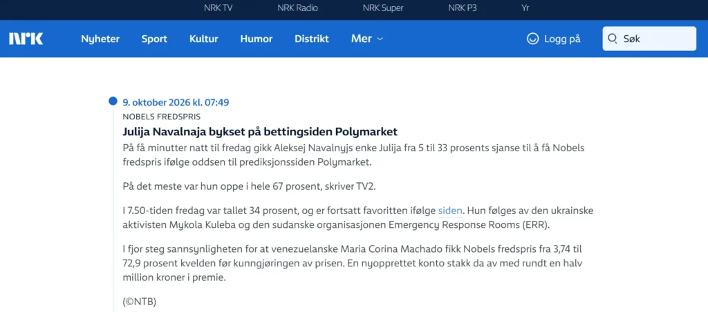 skjermbilde NRK nyheter 9. oktober 2026 tidlig morgen om Polymarket og Nobels fredspris